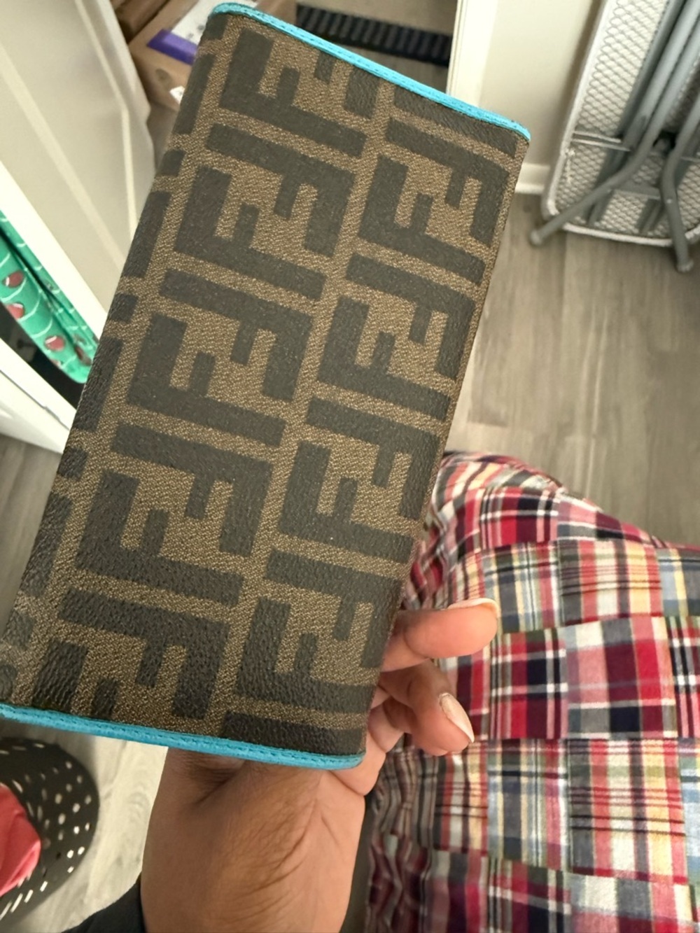 Authentic FENDI Brown Monogram Clutch with Turquoise Trim - Picture 4 of 12